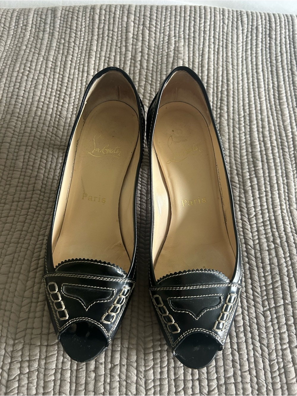 Christian Louboutin Black Leather Peep-Toe Pumps with White Stitching
